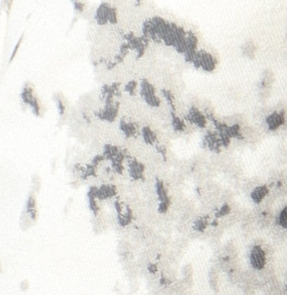 Pantalón de mezclilla beige con detalles en gris.